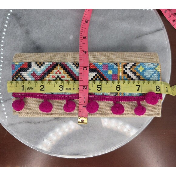 Boho Colorful Embroidered Wallet Clutch Womens Beige Pom Pom Trim Festival - Picture 9 of 9